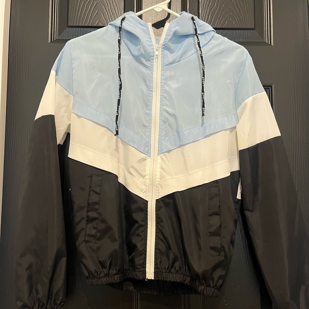 Blue and White Bomber Jacket with Chevron Design